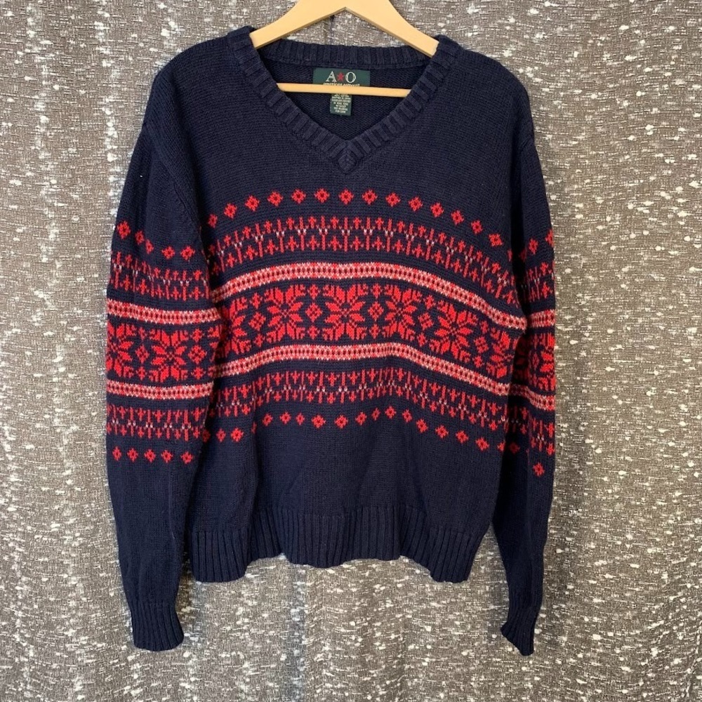 Vintage‎ American Outpost Fair Isle Knit Pullover Sweater Blue/Red Men's Large